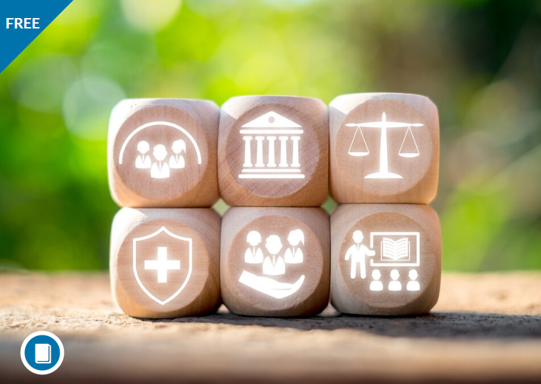 Symbols on wooden blocks representing health policy